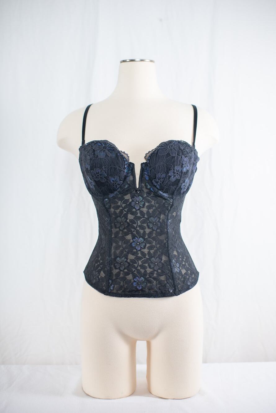 Vintage Y2K Victoria’s Secret Black Blue Lace Floral Corset Bustier, Gothic 36C